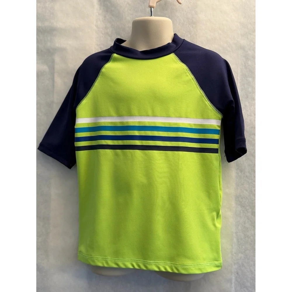 Cat &‎ Jack Lime Green & Navy Short Sleeve Boys Swim Rashguard Sz-S(6/7)   GG7